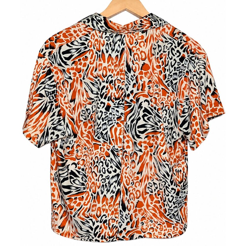 Vintage 80s Jordan Petite Animal Print Blouse Orange Black Leopard Button Front - Picture 3 of 6